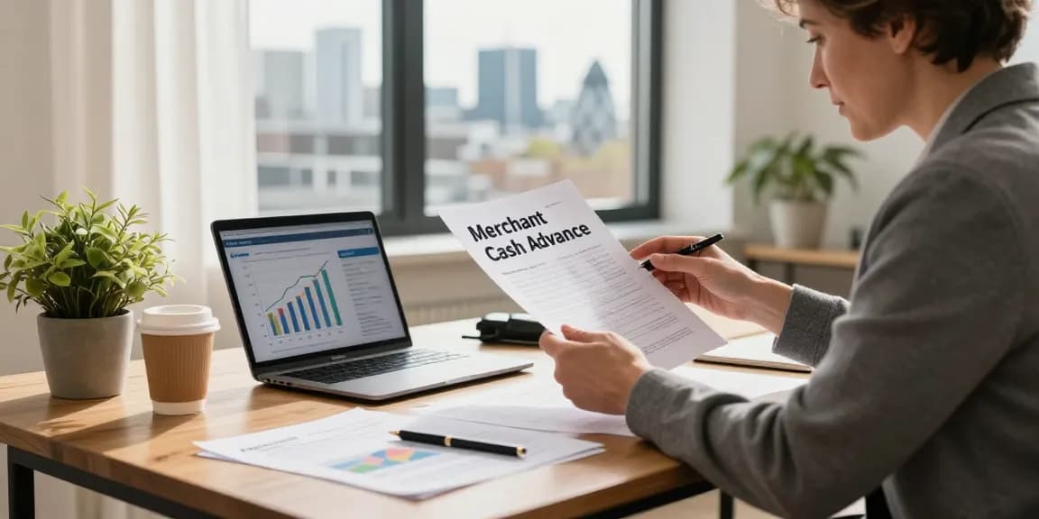 Business owner considering a merchant cash advance London, reviewing financial options at a stylish desk.