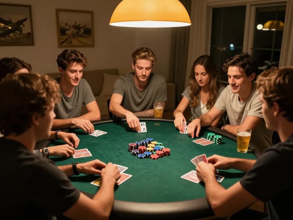 Friends enjoying a poker game highlighting nhacaiuytinn strategy at home.