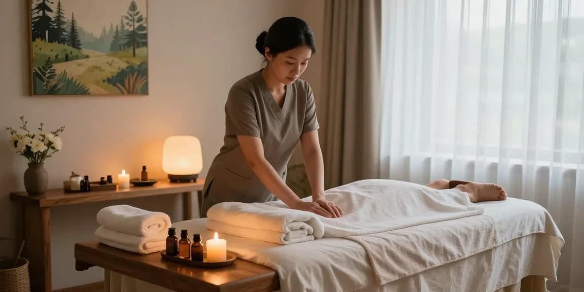 Relaxing atmosphere showcasing 남양주출장마사지 with soothing oils, candles, and a serene massage setup.