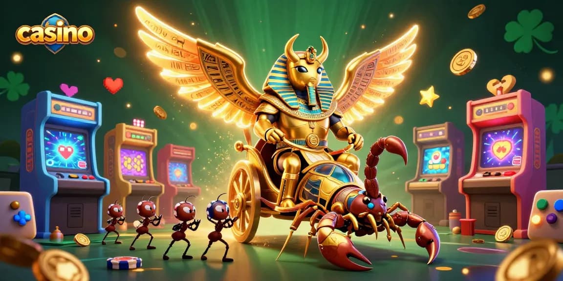 Dynamic casino scene featuring a golden beetle and scorpions amidst glowing game machines.