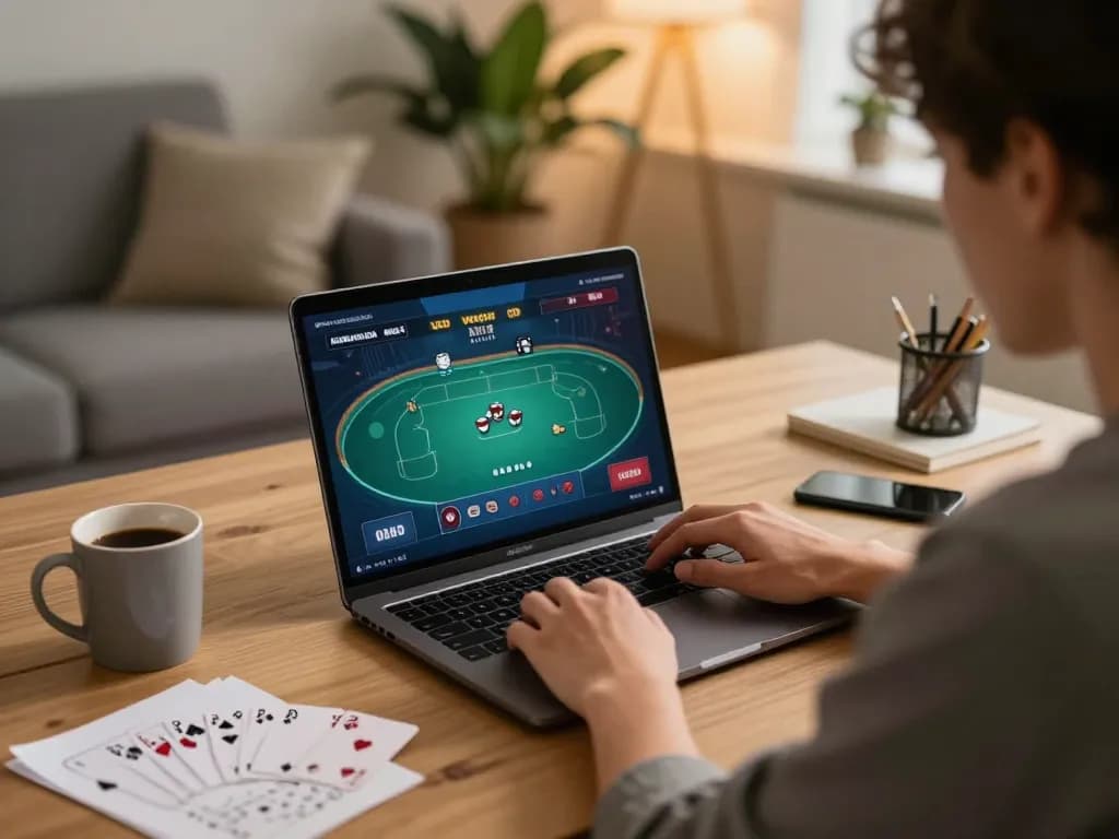 Playing poker on a laptop while focusing on strategies, GG88 offers a relaxed home gaming experience.