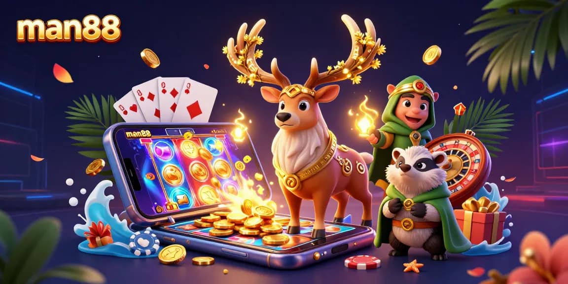 Engage with man88's exciting 3D casino illustration showcasing vibrant slots and cheerful characters.