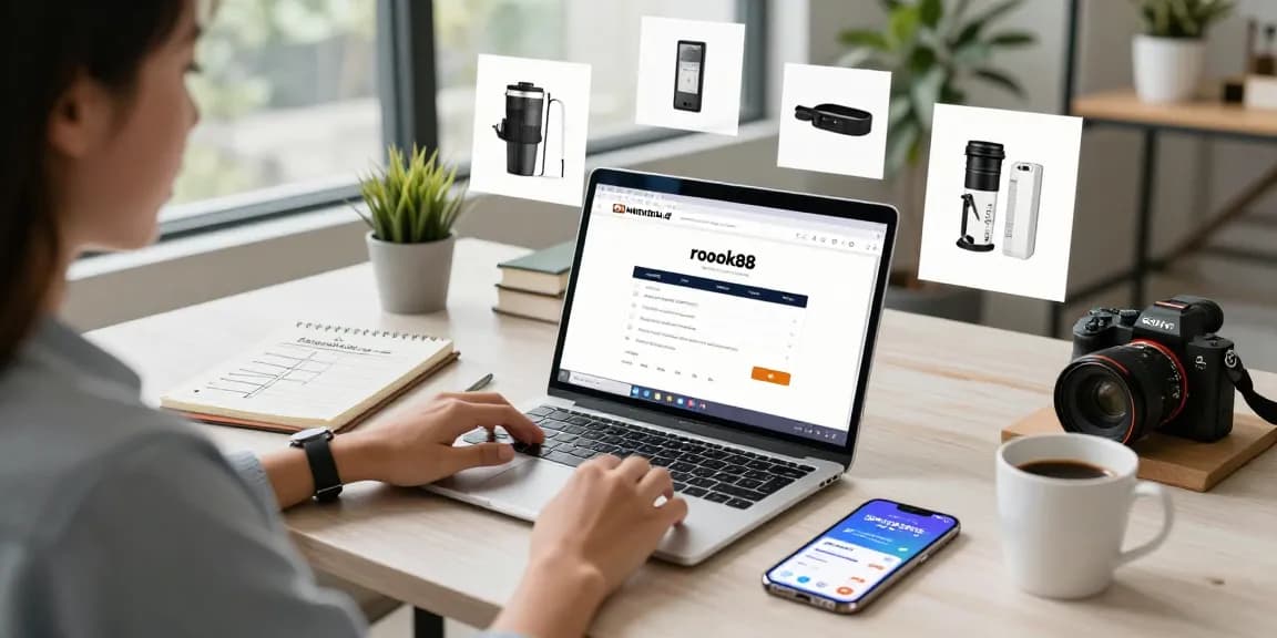 Business professional using rokok88 login on a laptop in a modern workspace