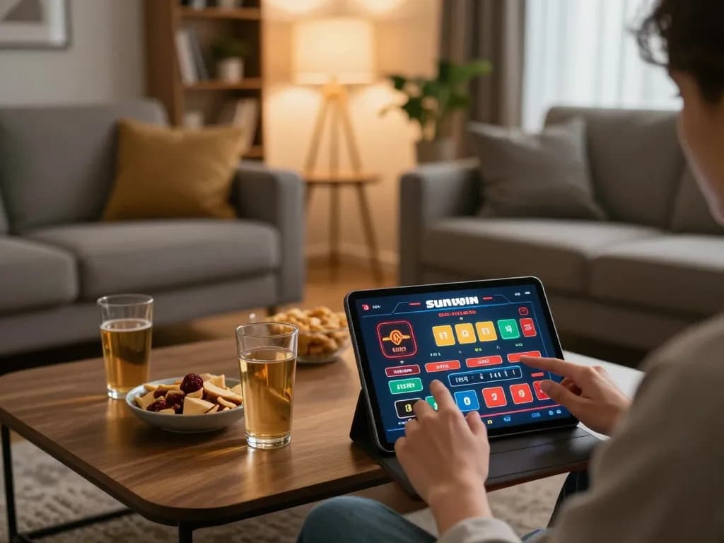 Engaging with sunwin online casino interface on tablet in cozy living room.