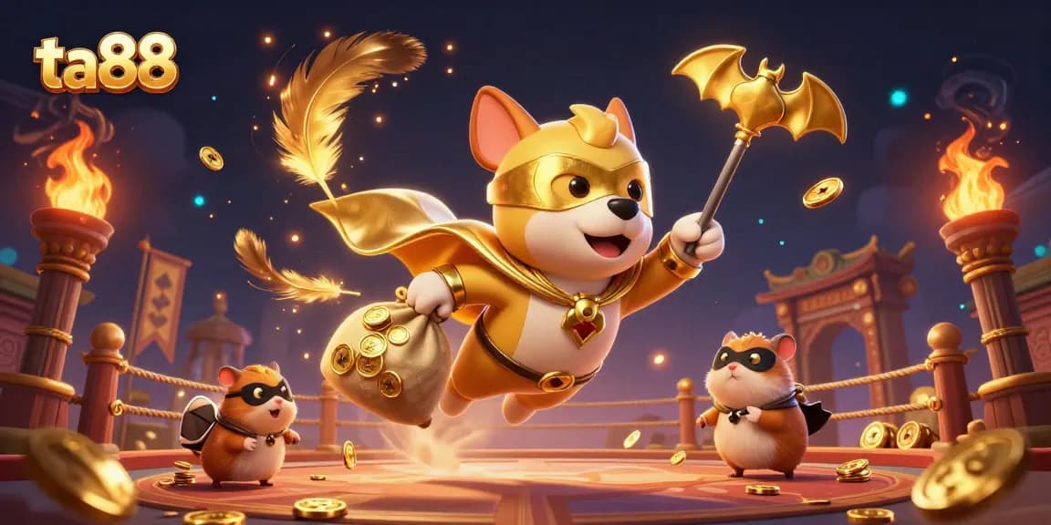 Play exciting games like ta88 with a 3D superhero dog and hamster amidst vibrant casino elements.