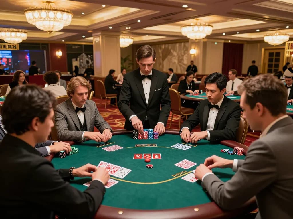Players engage intensely at a high-stakes poker table at RR88, highlighting luxury and strategy.