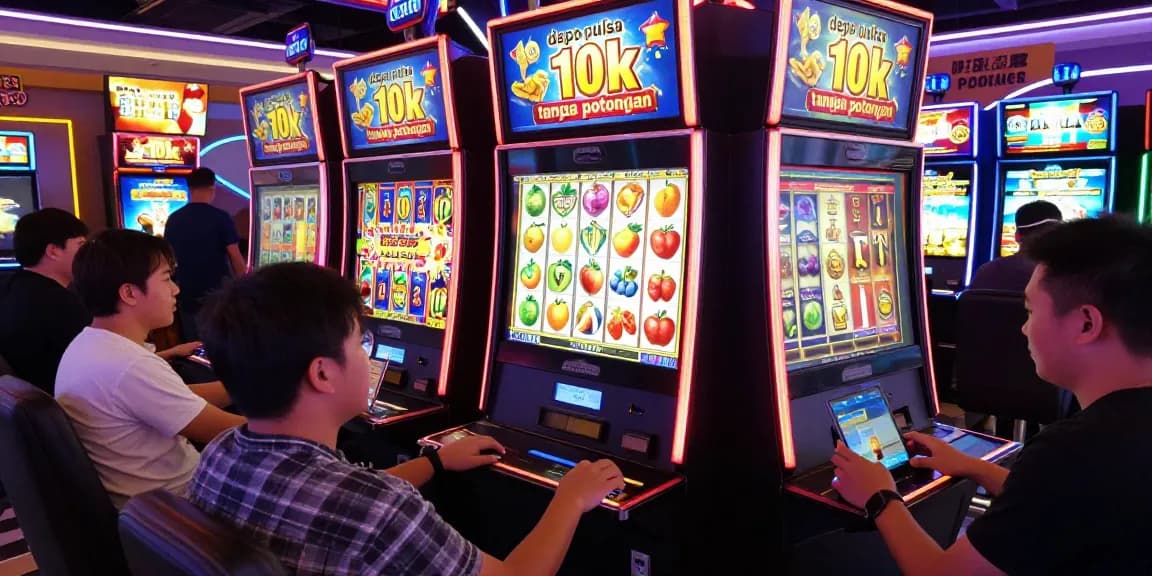 Exciting scene with gamers enjoying slot machines and depositing via depo pulsa 10k tanpa potongan with no fees.