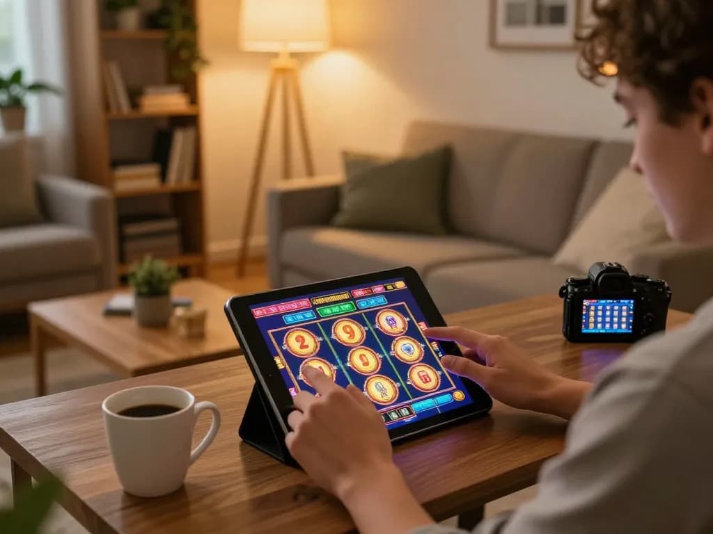 Engaging gaming experience with 58win app on a tablet in a cozy home setting.