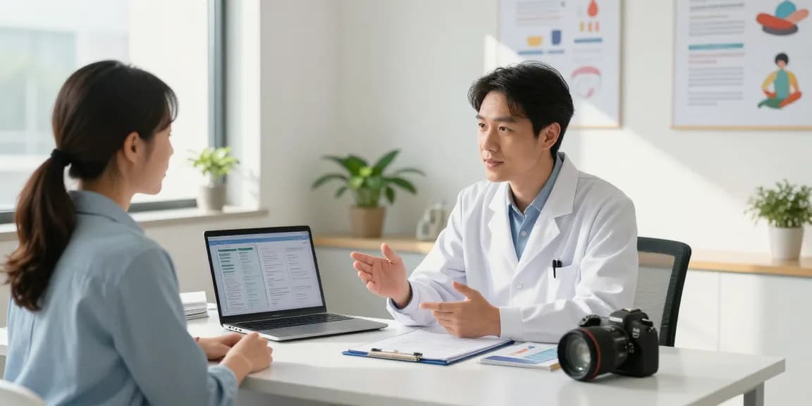 Patient consulting health professional about semaglutide treatment options at https://koipeptidescanada.com/semaglutide-canada in a bright clinic setting.