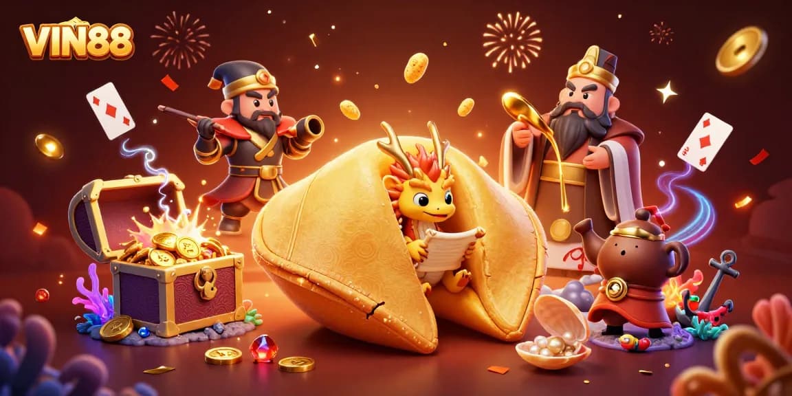 Experience excitement and fortune with VIN88, a vibrant 3D casino scene bursting with riches and treasures.