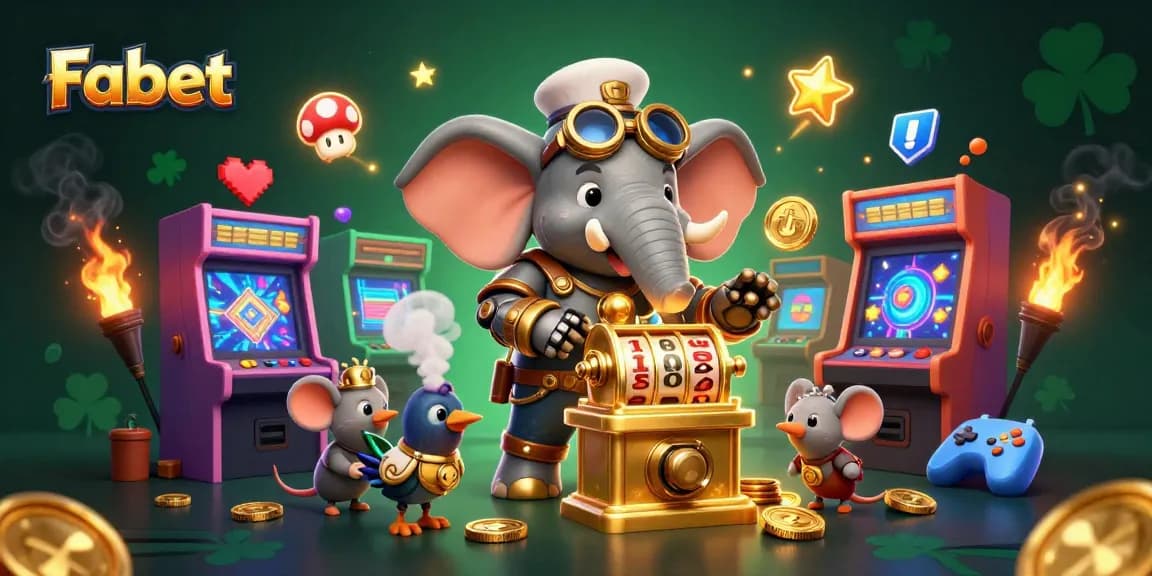 Experience the thrill of Fabet with steampunk characters operating a vibrant slot machine.