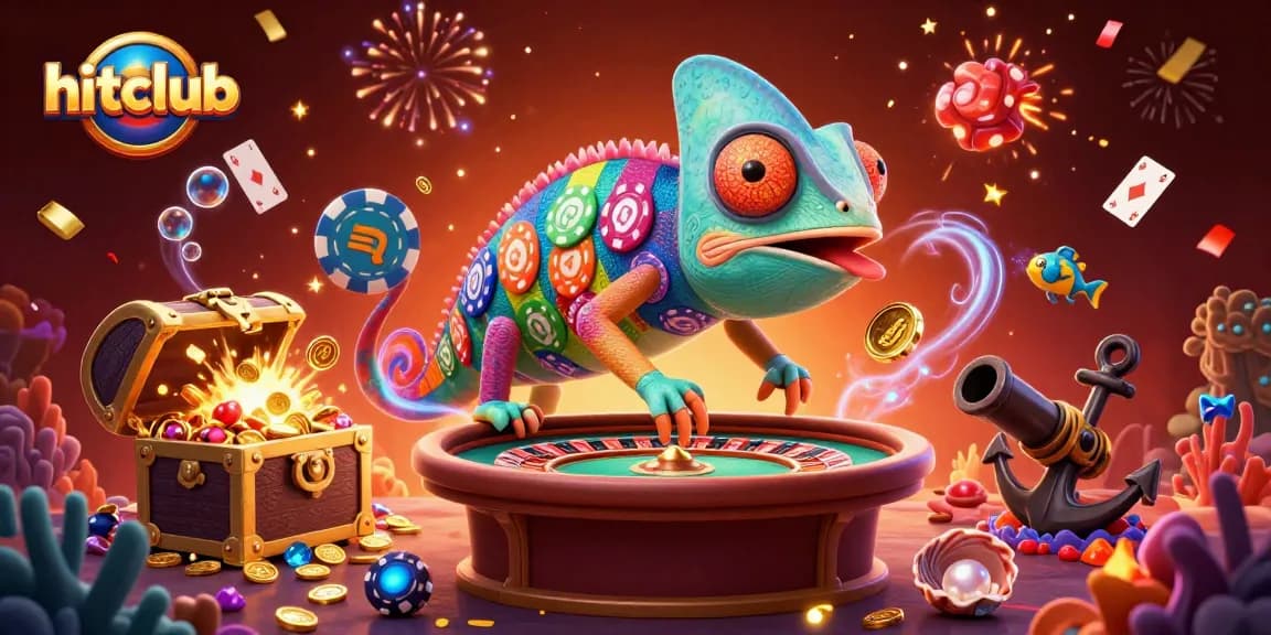Experience the excitement at hitclub with a lively 3D chameleon casino owner catching golden coins.
