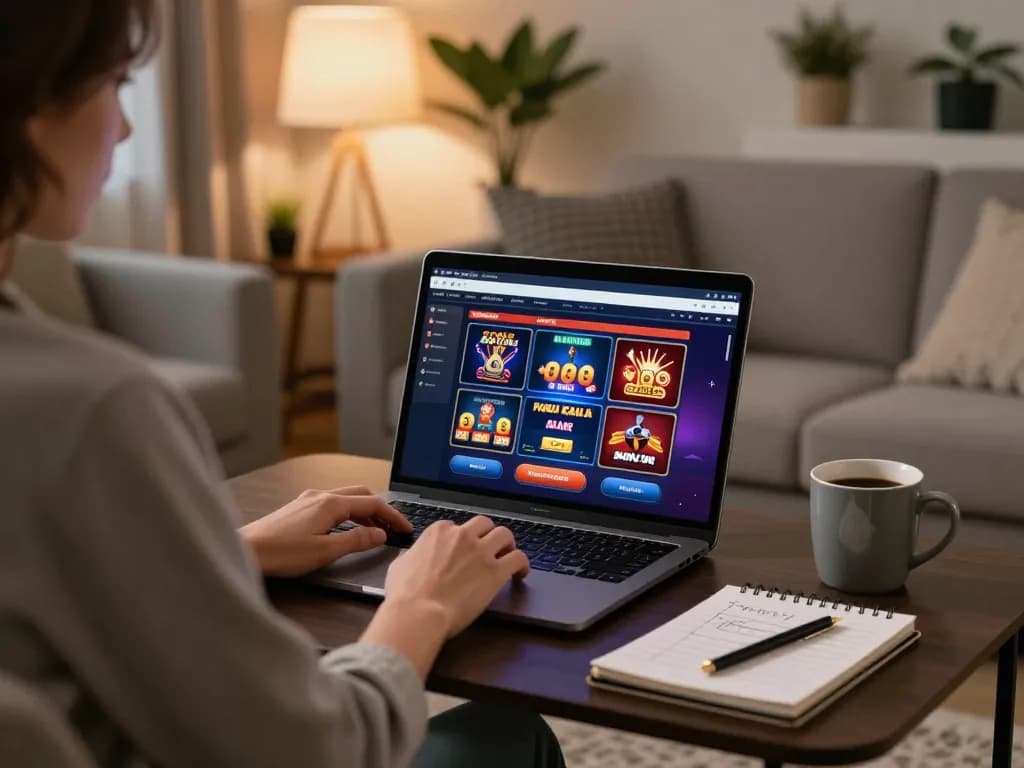 Person engaging in online gaming at sunwin with laptop, surrounded by a cozy living room.
