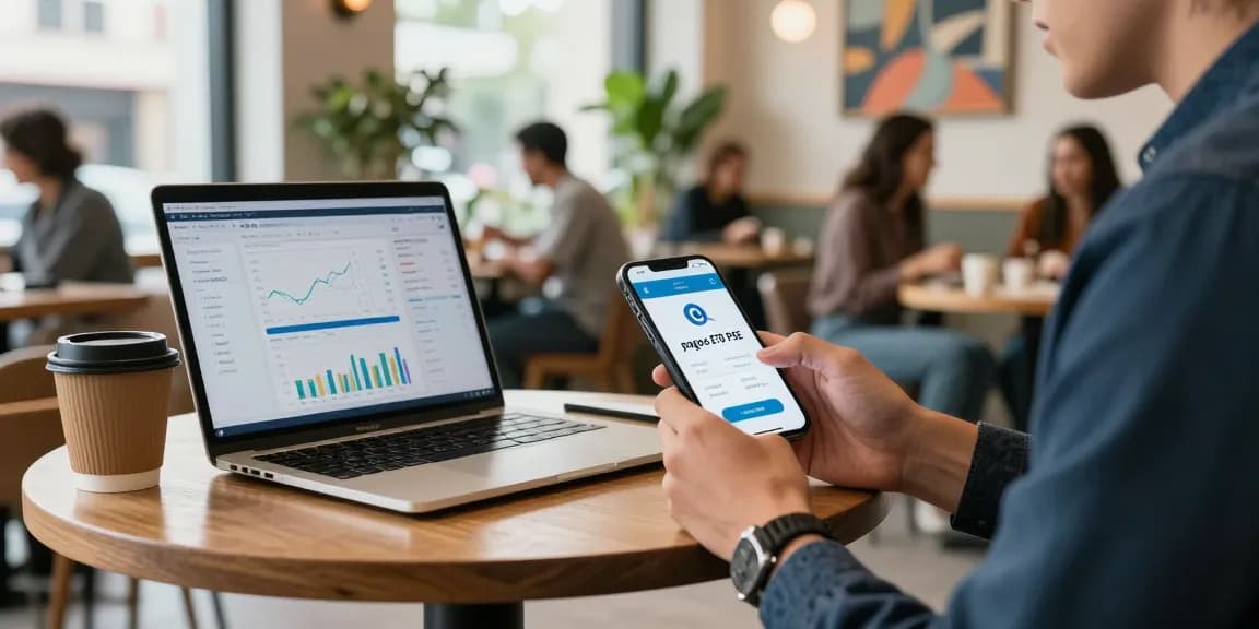 Persona utilizando la app 'pagos etb pse' en una moderna cafetería mientras revisa análisis financieros.