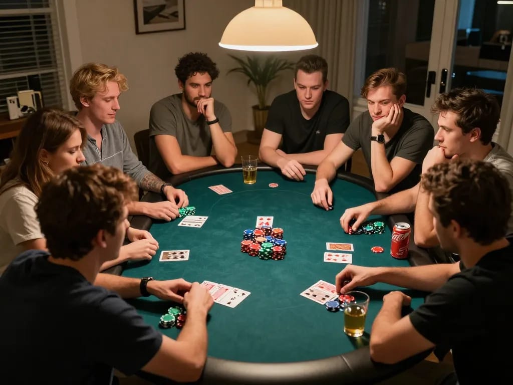 Friends enjoying a lively poker night, demonstrating strategic gameplay while having fun with sunwin