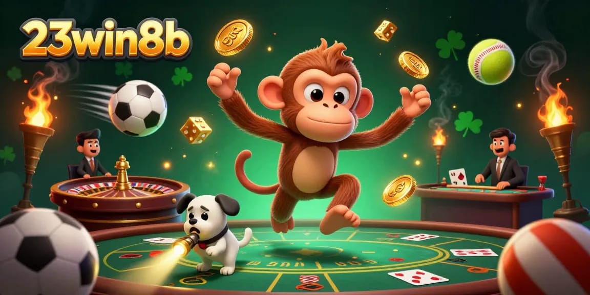 Experience thrilling games at 23win8b with exciting slots and casino elements in a vibrant illustration.