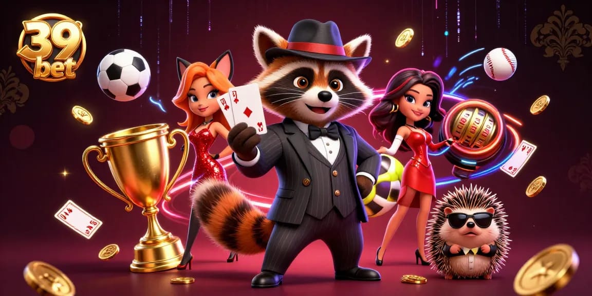 Experience thrilling games at 39 bet with a dynamic casino scene featuring a suave raccoon and a charming fox.