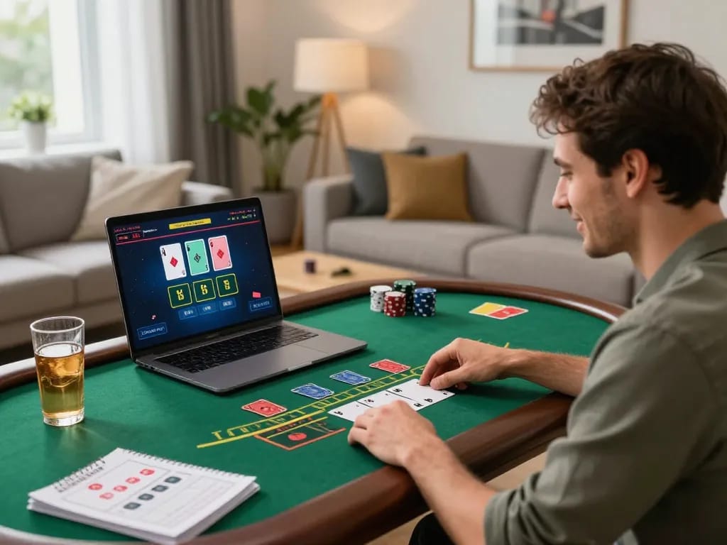 Player enjoying a live dealer game of blackjack on badak178's online platform at home, showcasing strategic gameplay elements and a cozy atmosphere.