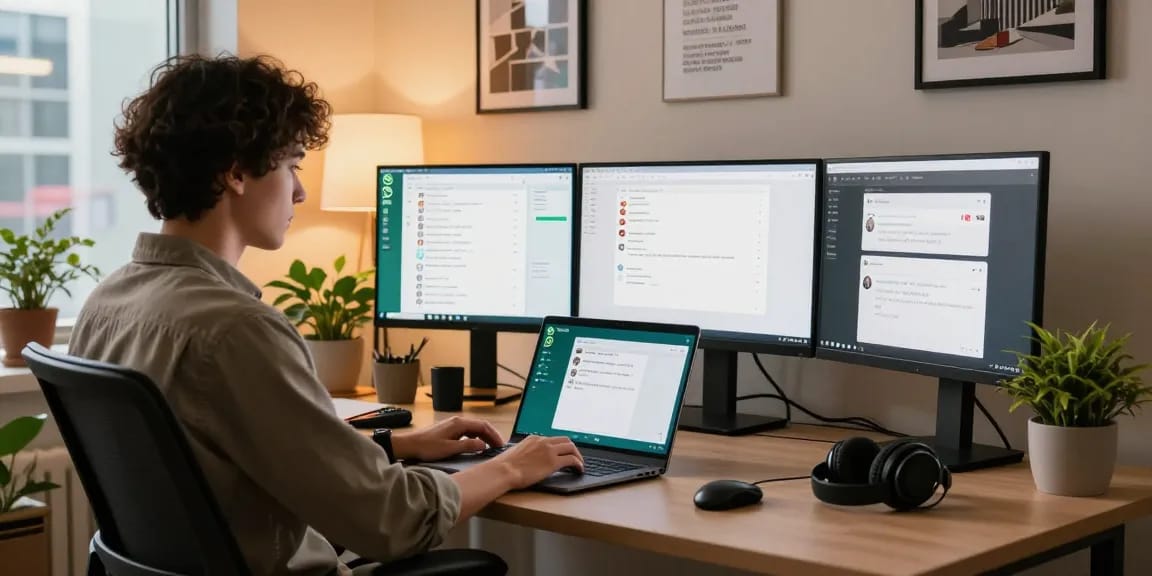 Professional using WhatsApp電腦版 on a sleek laptop in a vibrant office workspace.