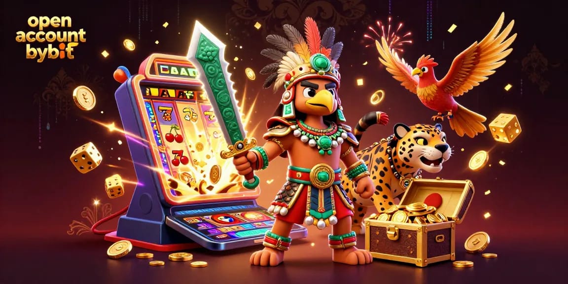 Open account bybit with a vibrant 3D illustration of Aztec warriors celebrating casino wins.