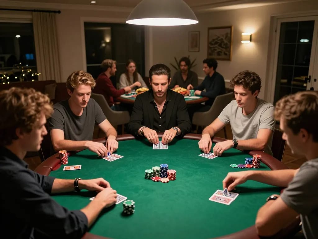 Home poker night with players around green felt table and link resmi in a competitive scene