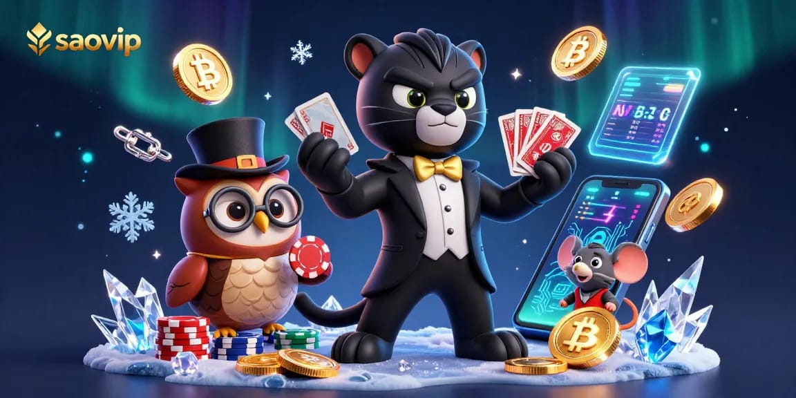 Engage in exciting poker games at saovip with a stylish cartoon panther dealer and casino elements.