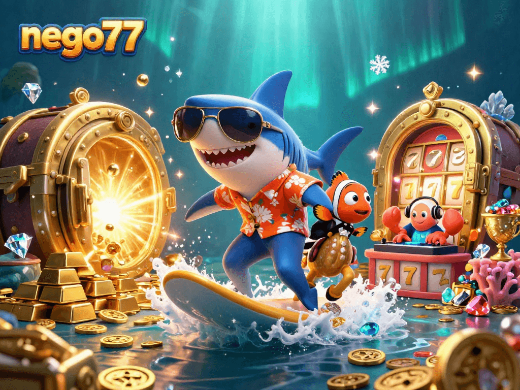Navigating the waves of excitement with nego77, featuring a shark and friends in a lively casino atmosphere.