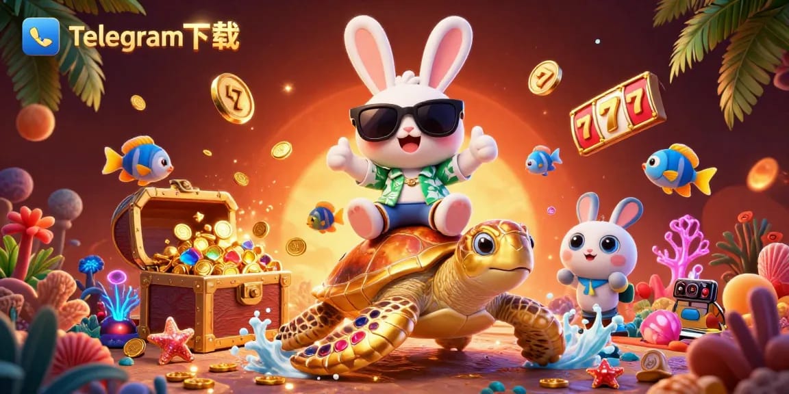 与Telegram下载一起参与刺激的游戏玩法，幸运的兔子骑在金色的乌龟上，身处生动的赌场场景中。
