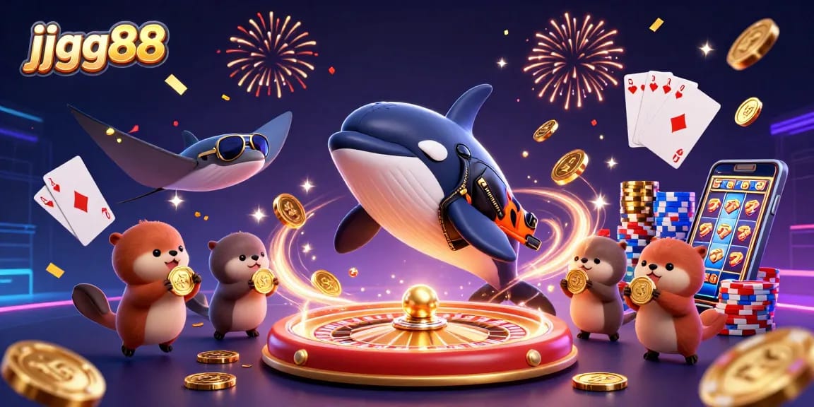 Experience exhilarating gaming fun with jjgg88 featuring a dynamic 3D orca whale and casino elements.