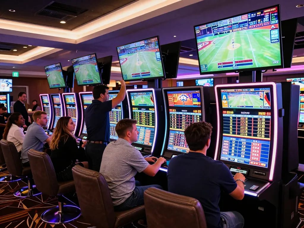 Kèo nhà cái showcasing vibrant sports betting area with live odds and enthusiastic patrons engaged in strategies.