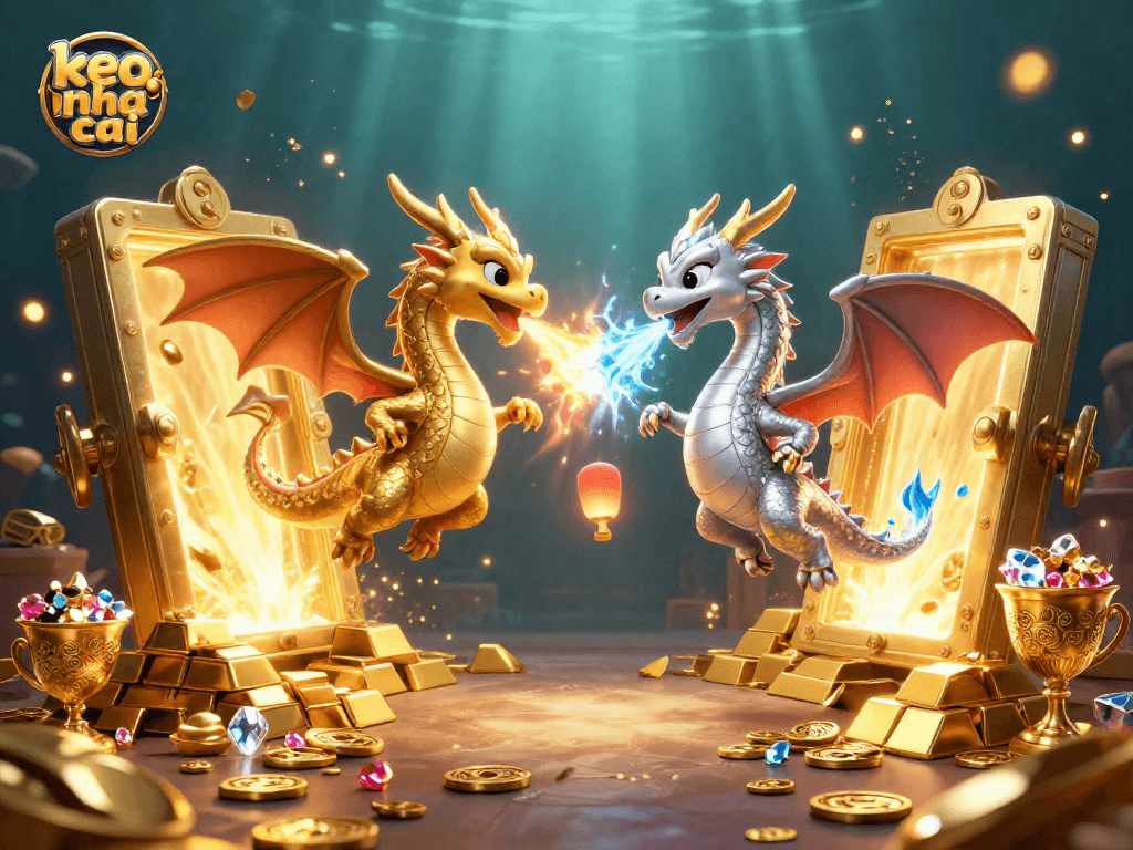 Engage with keo nha cai in this dynamic scene featuring golden dragons amidst treasures and casino elements.