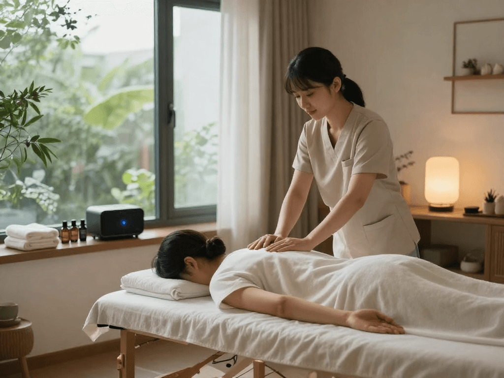 용인출장마사지 scene in a serene home spa setting with a professional therapist.