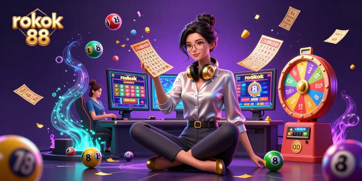 Experience the thrill of rokok 88 with an elegant Asian gamer amidst vibrant casino elements.