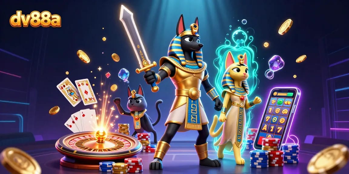 Win big at dv88a with Anubis and Bastet in a vibrant virtual casino illustration.