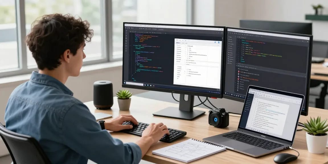Build internal tools with AI in a modern workspace, showcasing a developer coding with dual monitors and AI tools.