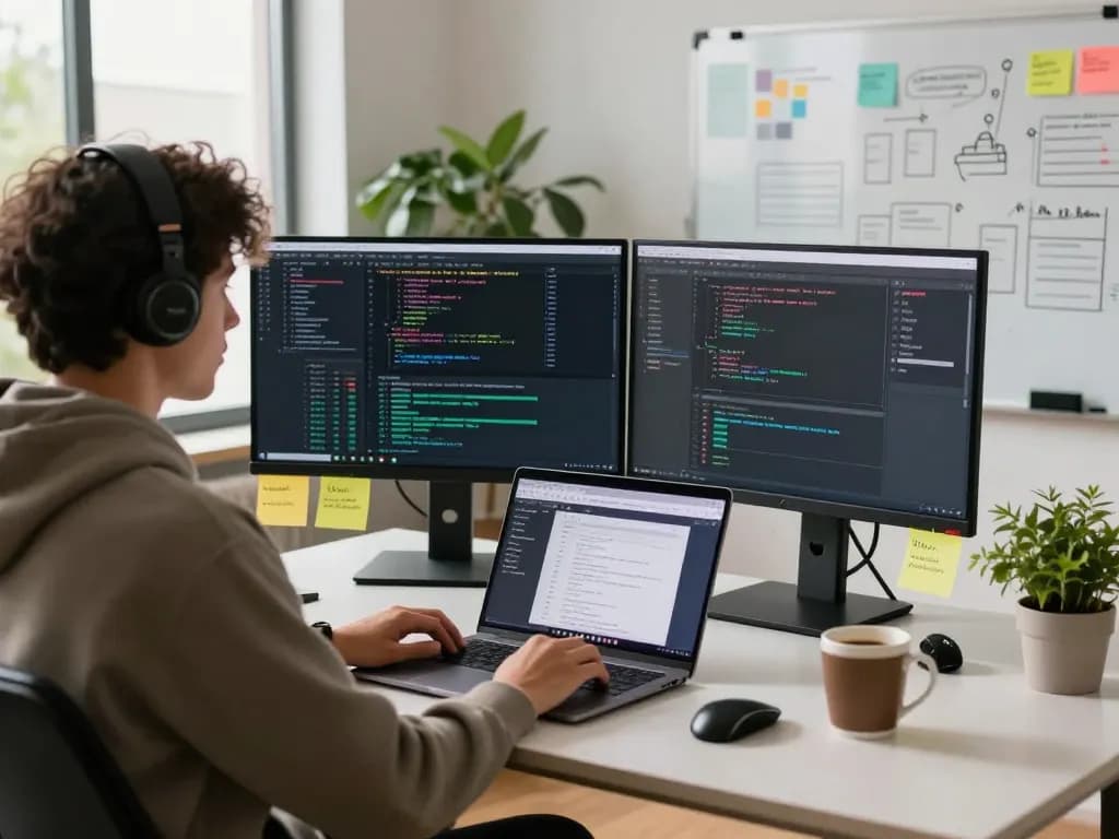 快连 software developer at a modern home office, showcasing productivity with dual monitors and collaborative tools.