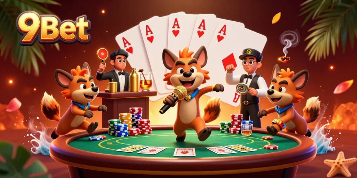 9Bet hyenas entertain in a vibrant casino scene, showcasing poker action and laughter.