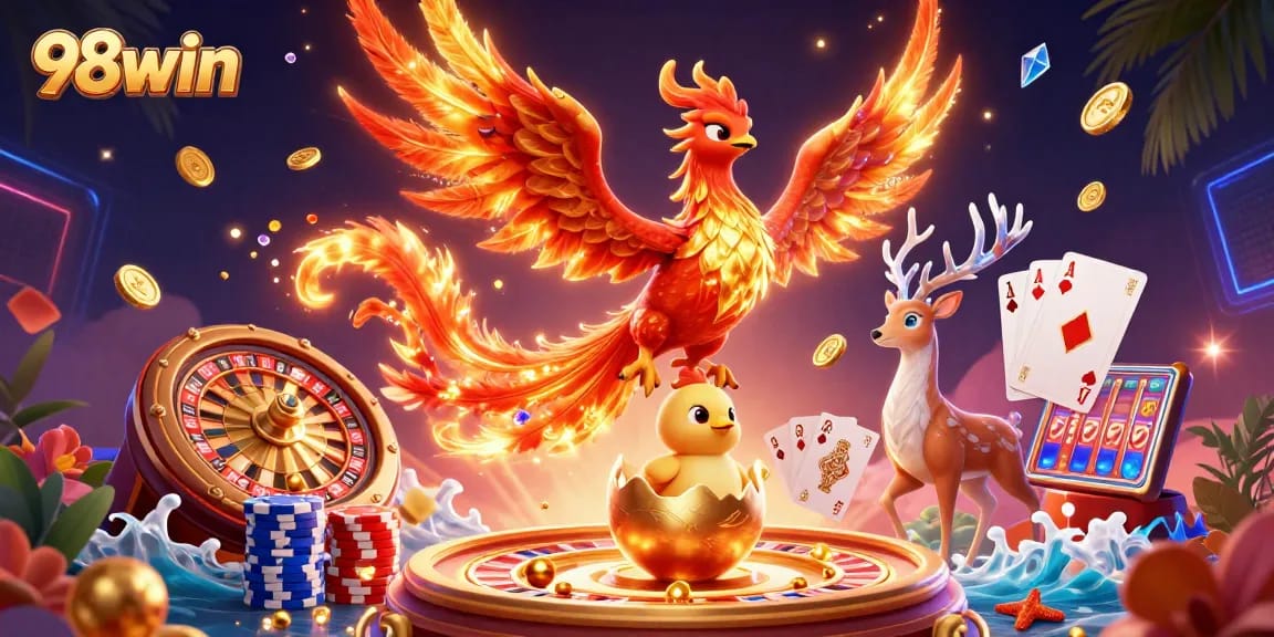 Engage with exciting gameplay at 98win, highlighting dazzling casino vibes with phoenix elements.