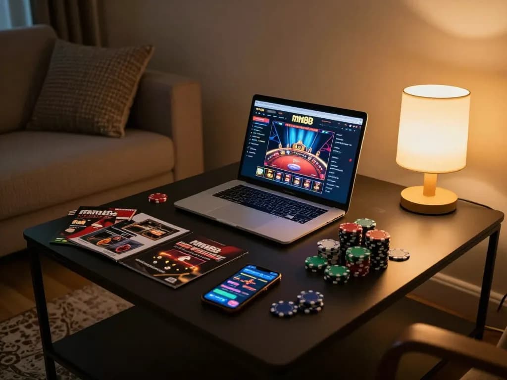 Engaging in online gaming with mm88, showcasing a cozy setup featuring poker chips and strategy guides.