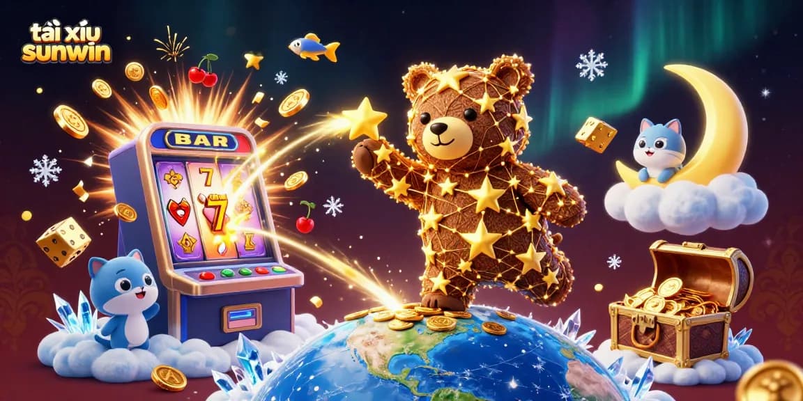 Experience the thrill of tài xỉu sunwin with a vibrant casino scene featuring a constellation bear, jackpots, and colorful game elements.