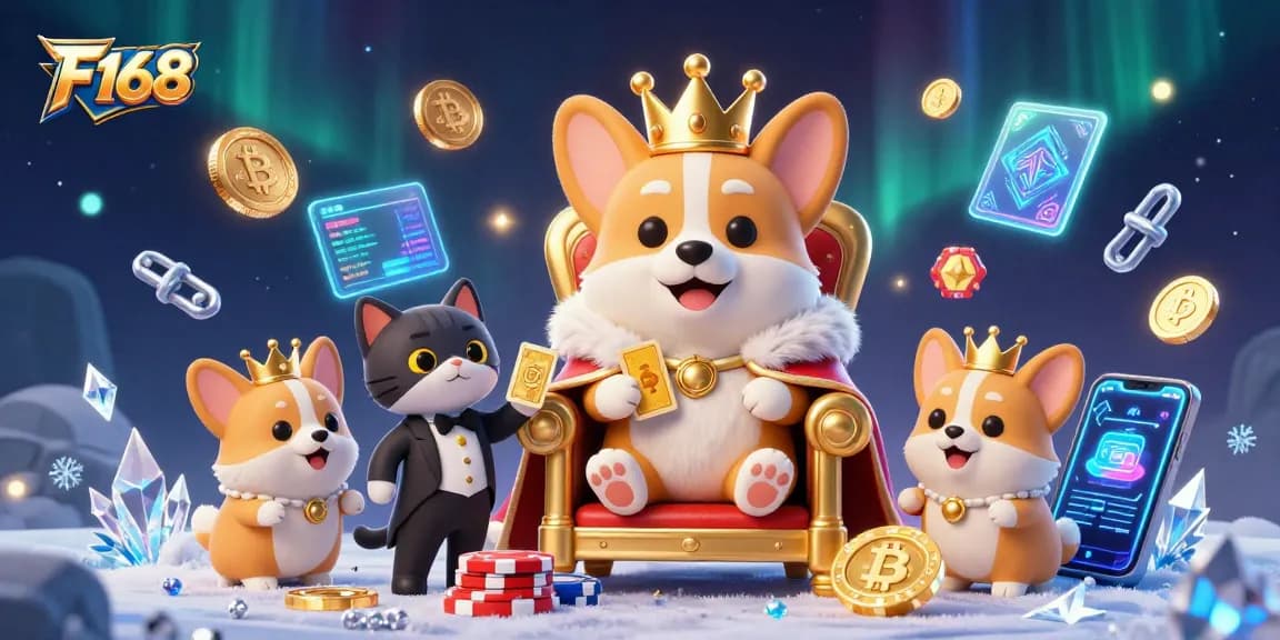 F168 corgi royalty surrounded by glowing coins and casino elements in a vibrant digital illustration