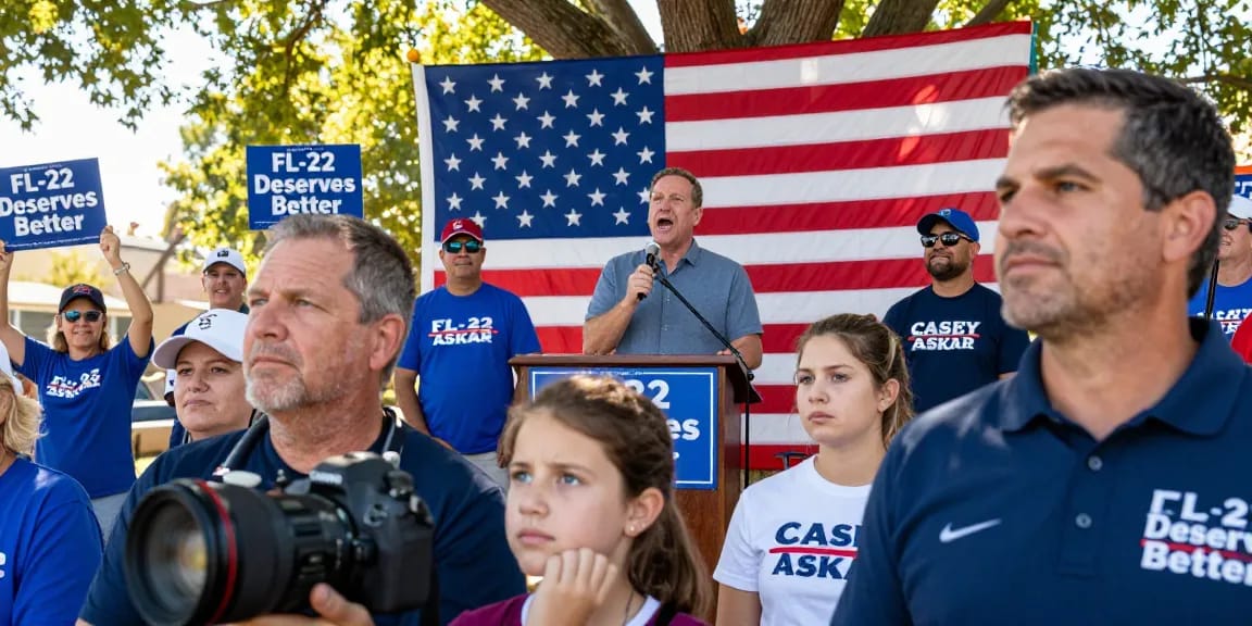 Casey Askar speaking at a political rally, supporters holding signs for FL-22.