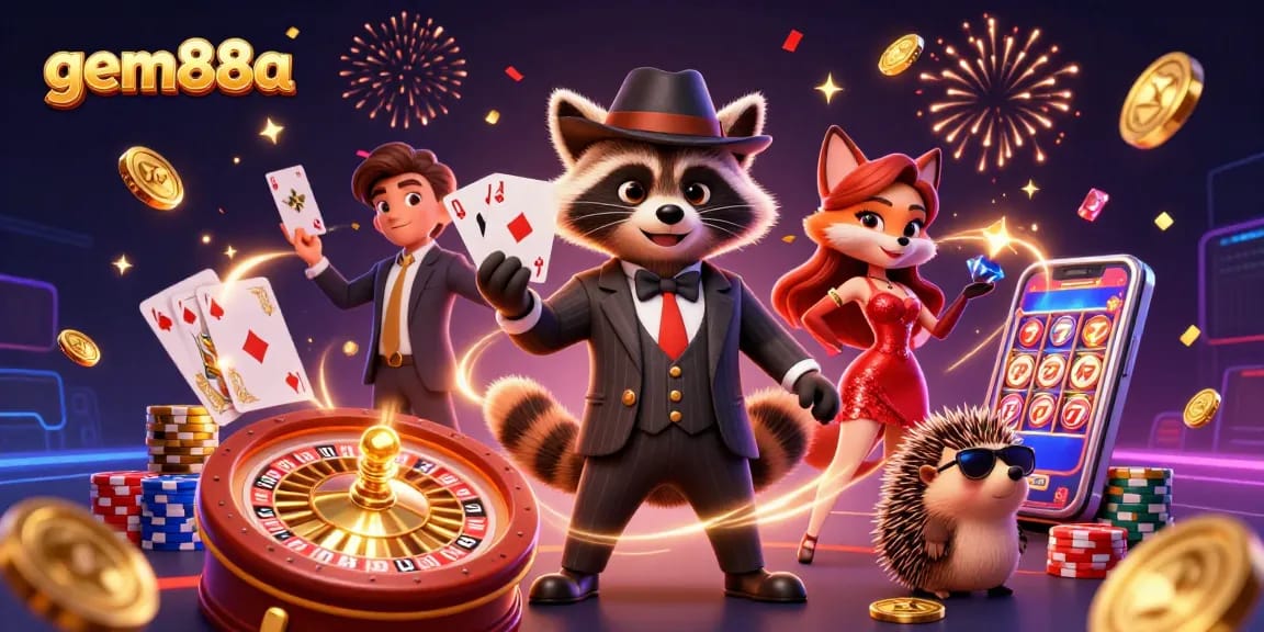 Experience thrilling gaming action at gem88a with raccoon dealer showcasing a royal flush, amidst vibrant casino elements.