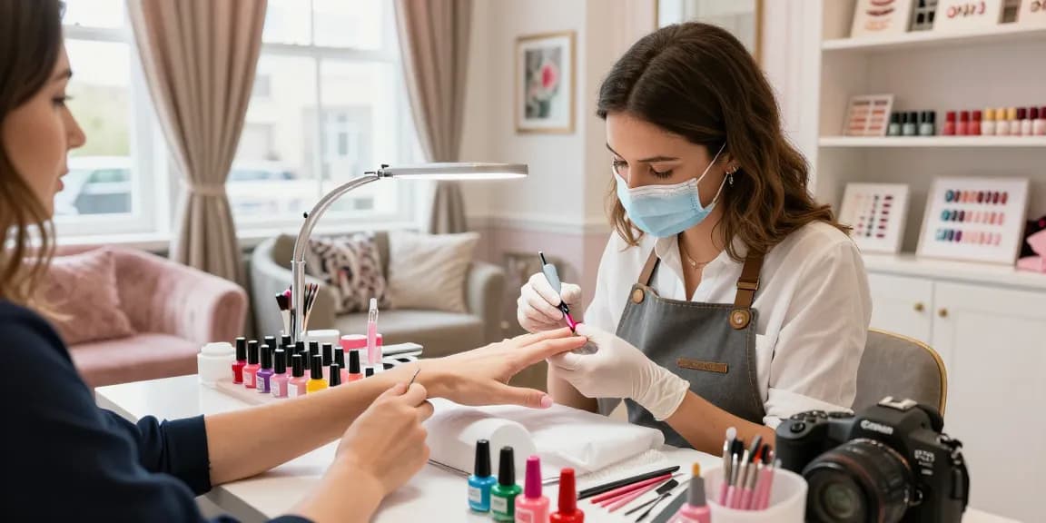 Paradise Nail Beauty salon scene with a technician providing vibrant nail care in a chic, inviting atmosphere.