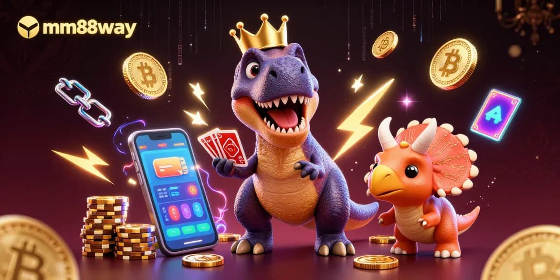 Engage in exciting gameplay at mm88way with a vibrant scene featuring T-Rex playing cards and triceratops stacking chips.