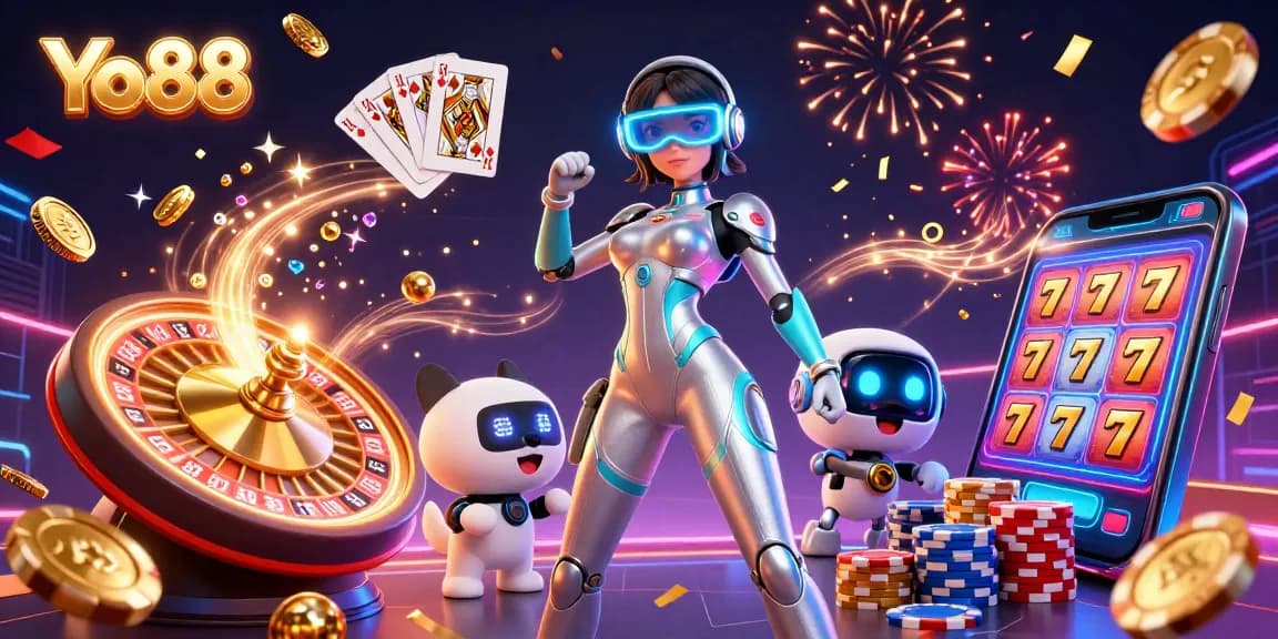 Experience exciting gaming at Yo88 with futuristic visuals and vibrant casino elements.