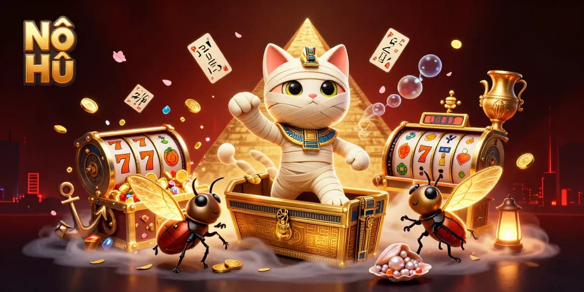 Nổ Hũ slot game illustration featuring a mummy cat and treasures in a vibrant casino scene.