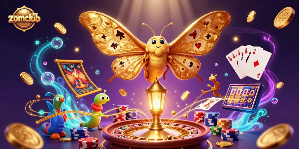 Experience the vibrant world of zomclub's casino games with an engaging 3D illustration of an atlas moth and casino elements.