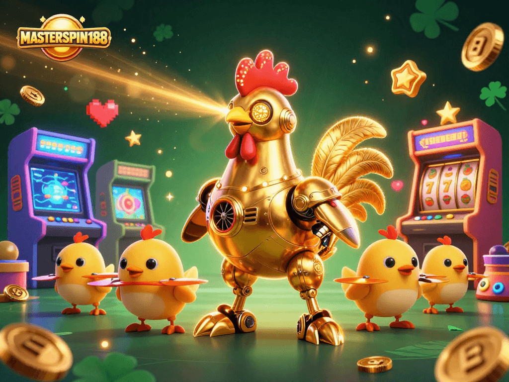 Engage with the vibrant world of MASTERSPIN188 featuring a golden rooster robot and baby chick drones in a lively casino setting.