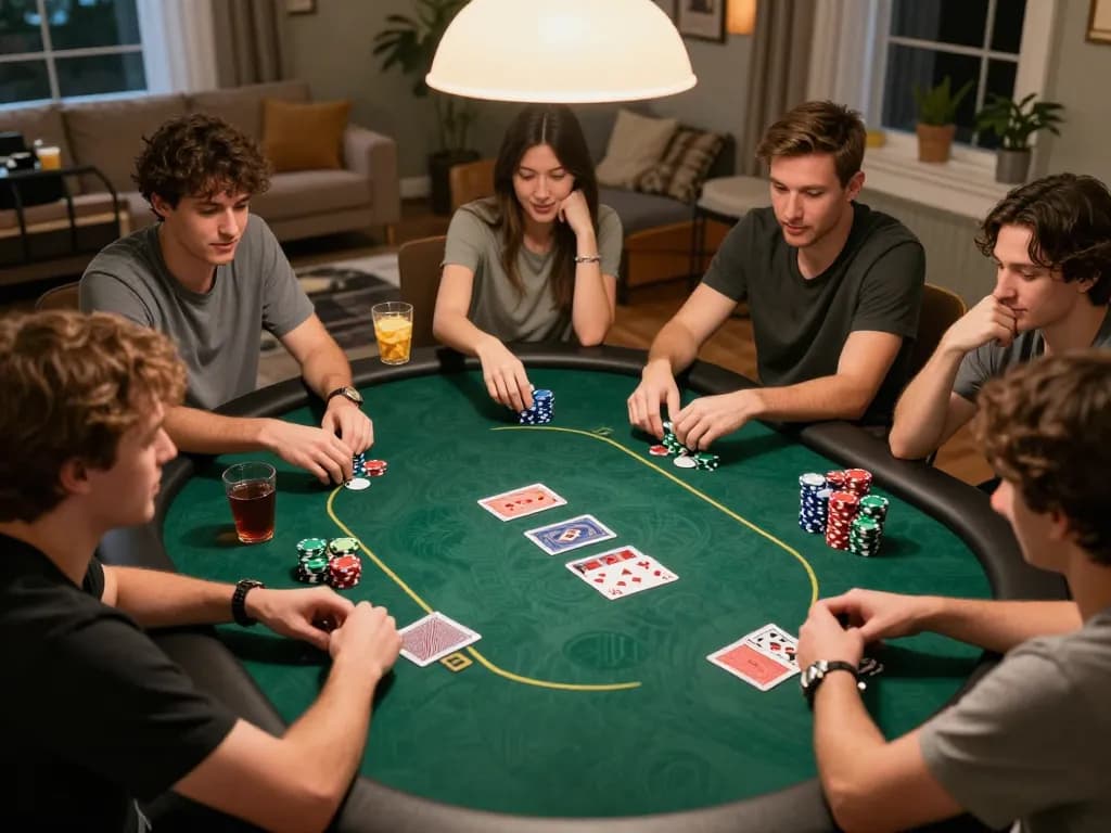 Engaged friends playing poker during a lively b52 club game night, showing strategy and excitement.
